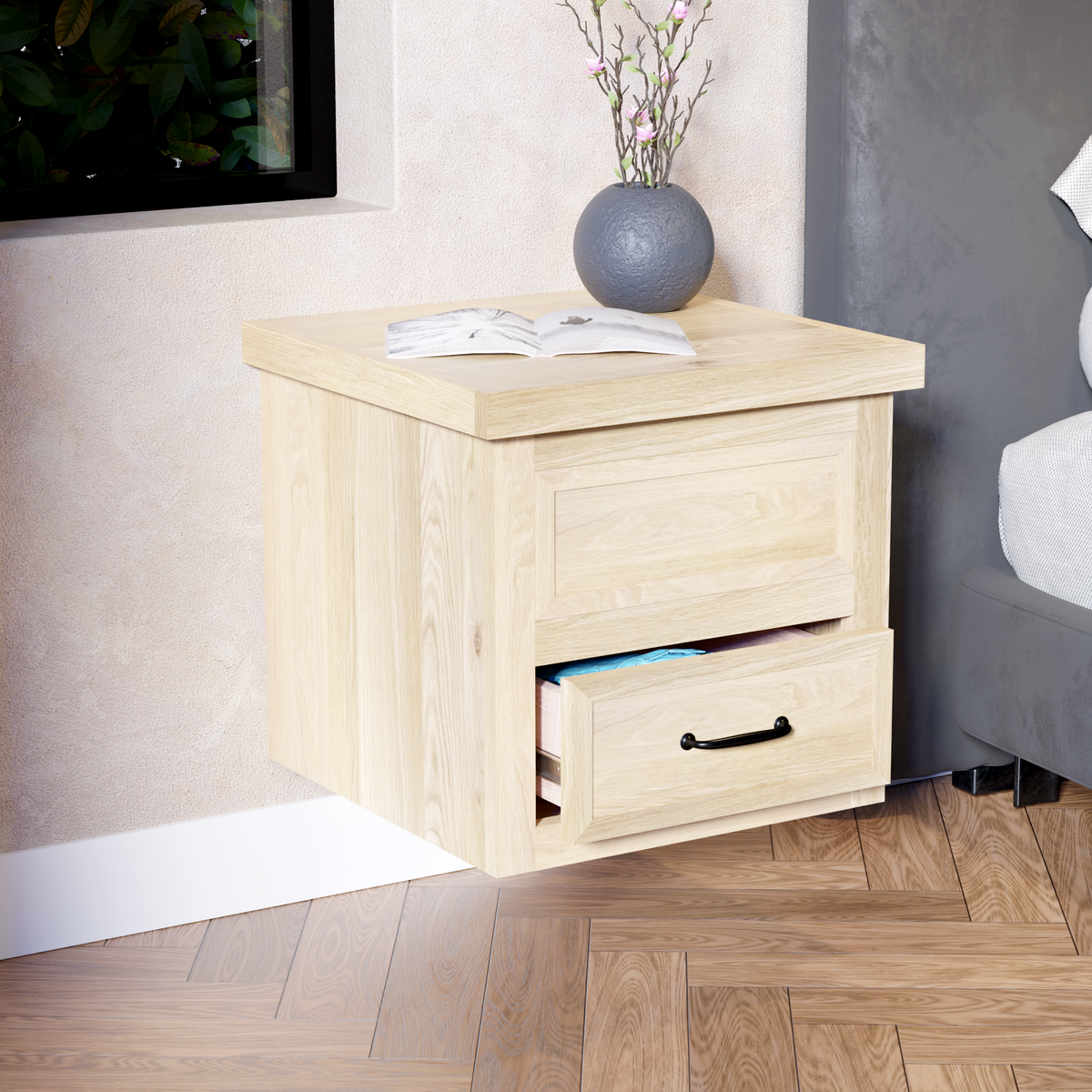 Hardwood Veneer Floating Side Cubby Nightstand