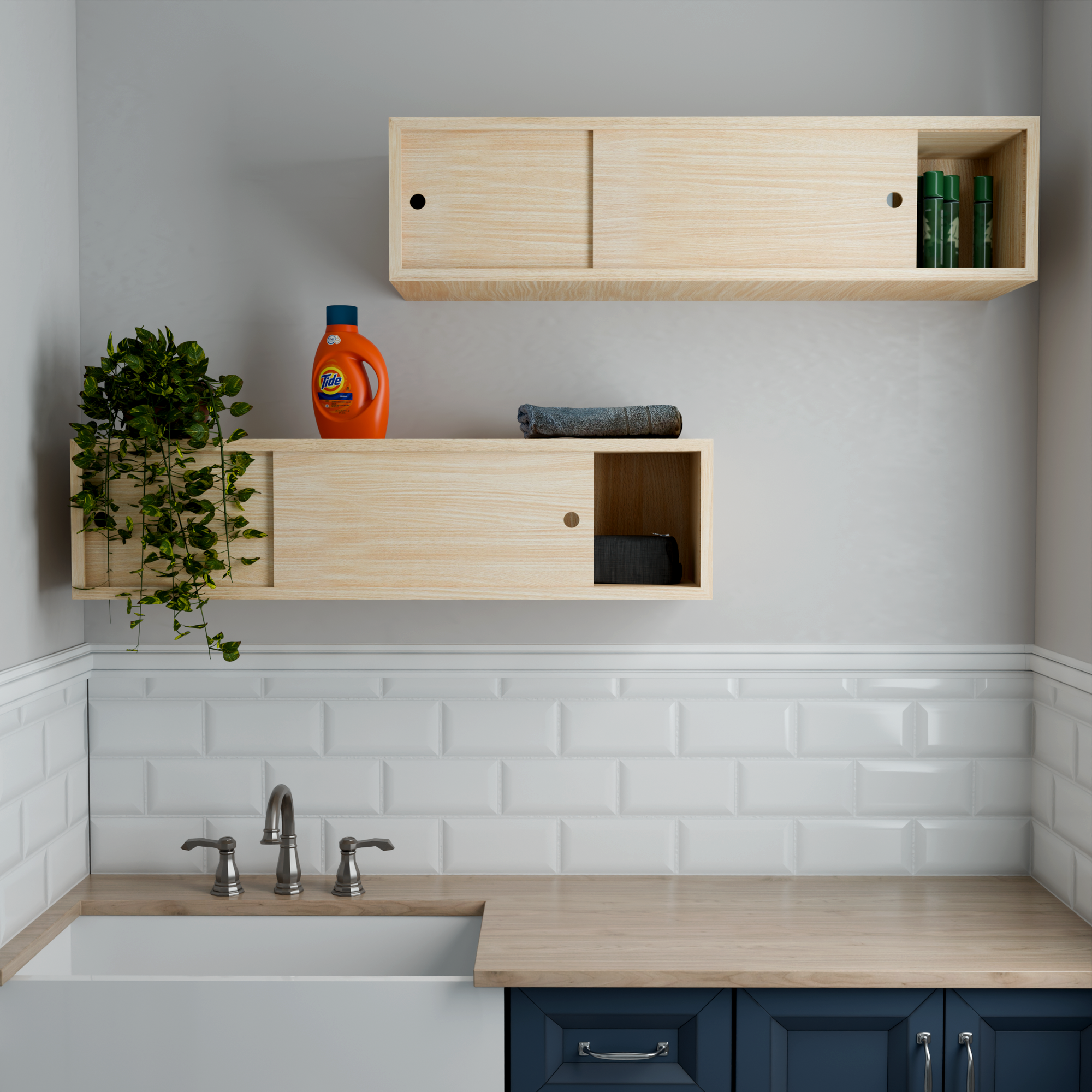 Hardwood Veneer Floating Storage Cabinet