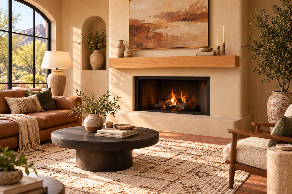 Representative rendering of a Clear Alder veneer in Rubio Pure rectangular beam mantel in a furnished fireplace room, with both ends visible. Fixed finish example, not selected dimensions.
