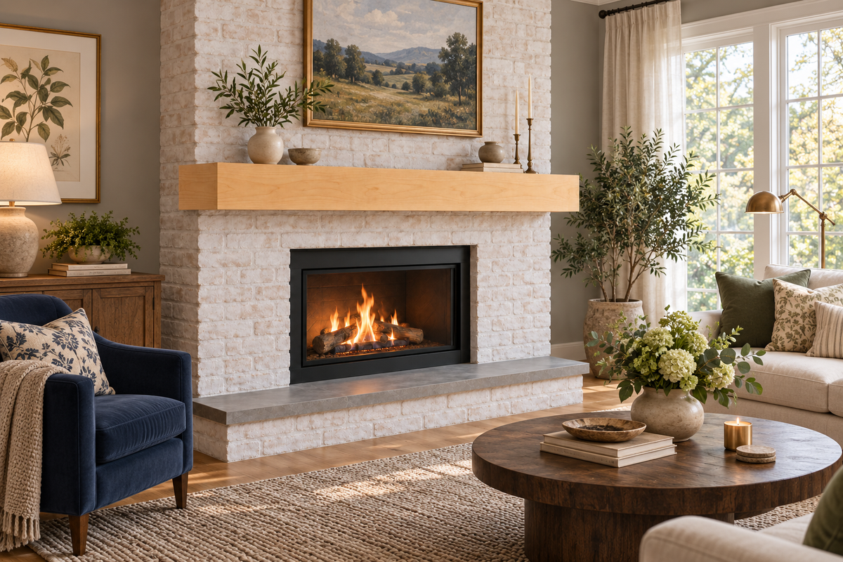 Representative rendering of a Maple veneer in Rubio Pure rectangular beam mantel in a furnished fireplace room, with both ends visible. Fixed finish example, not selected dimensions.