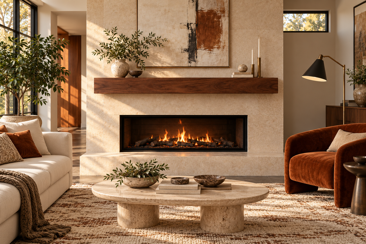 Representative rendering of a Walnut veneer in Rubio Pure rectangular beam mantel in a furnished fireplace room, with both ends visible. Fixed finish example, not selected dimensions.