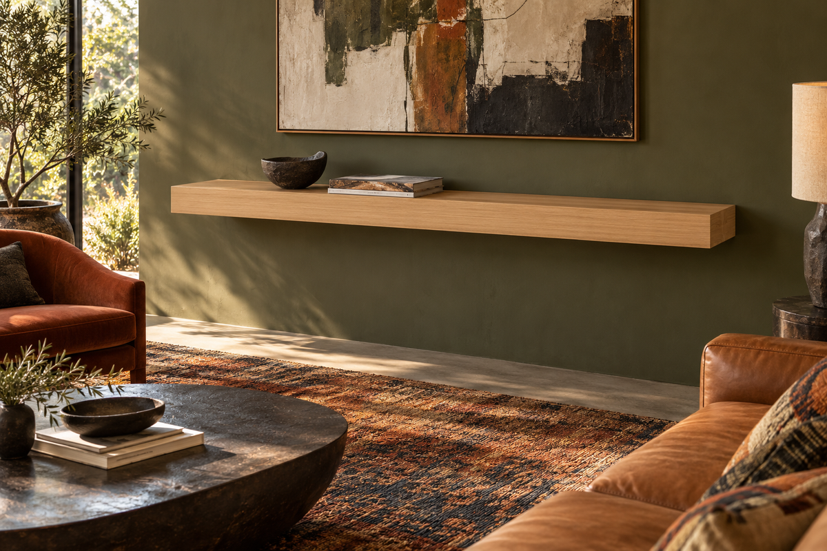 Representative rendering of one Rift White Oak veneer floating shelf in a richly furnished living room, with both ends exposed.